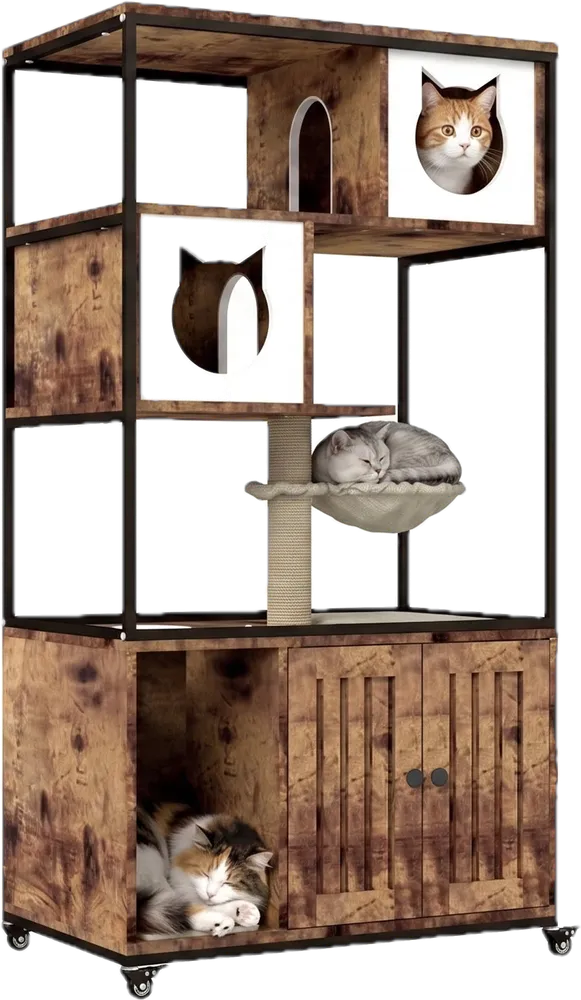 Wooden Cat Litter Box Enclosure with Platforms