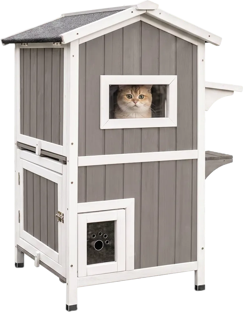 2-Story Weatherproof Wooden Cat House with Open Roof (PET04)